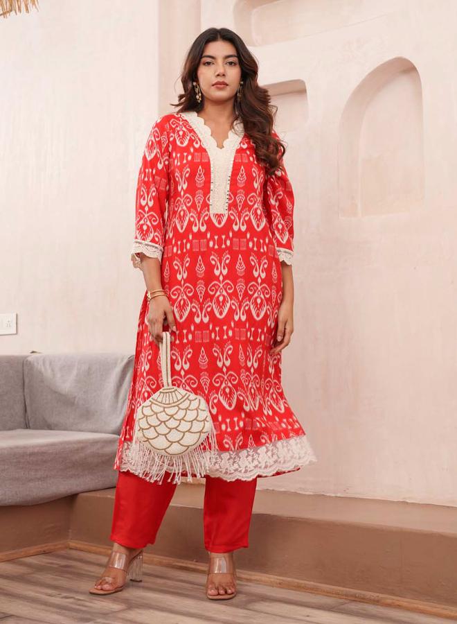 DW Women Ethnic Motif Print V Neck Straight Kurta and Trousers Co-Ords - Image 4